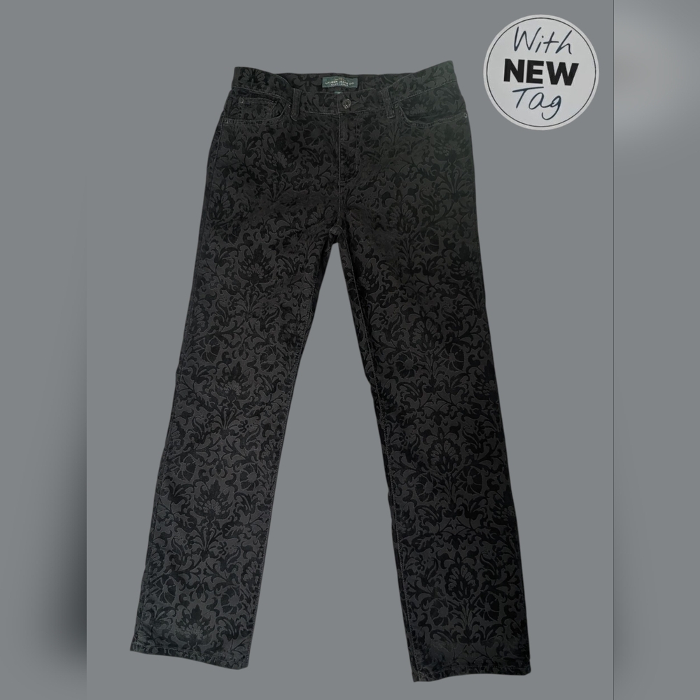 NWT LRL Midnight Damask Black Jeans Size 12 Floral Pattered Classic Straight Fit - Picture 2 of 16
